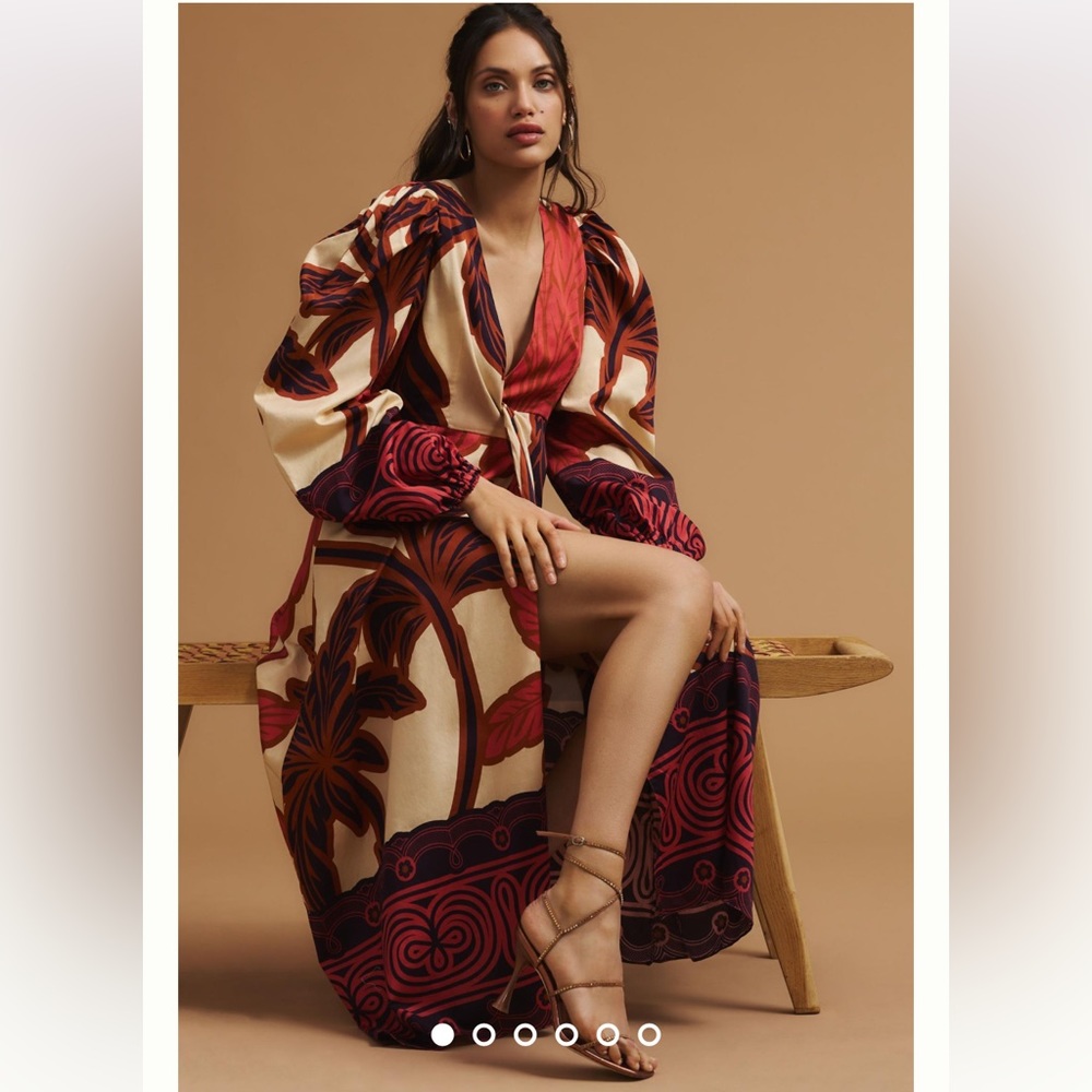 Anthropologie, EUGENIA FERNÁNDEZ V-NECK LONG-SLEEVE PRINTED MIDI DRESS 1X.
